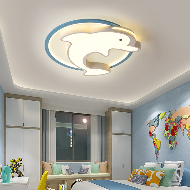 Kids LED Blue Dolphin Ceiling Light Fixture with Warm/White Light, Acrylic Shade, Flush Mount, 18