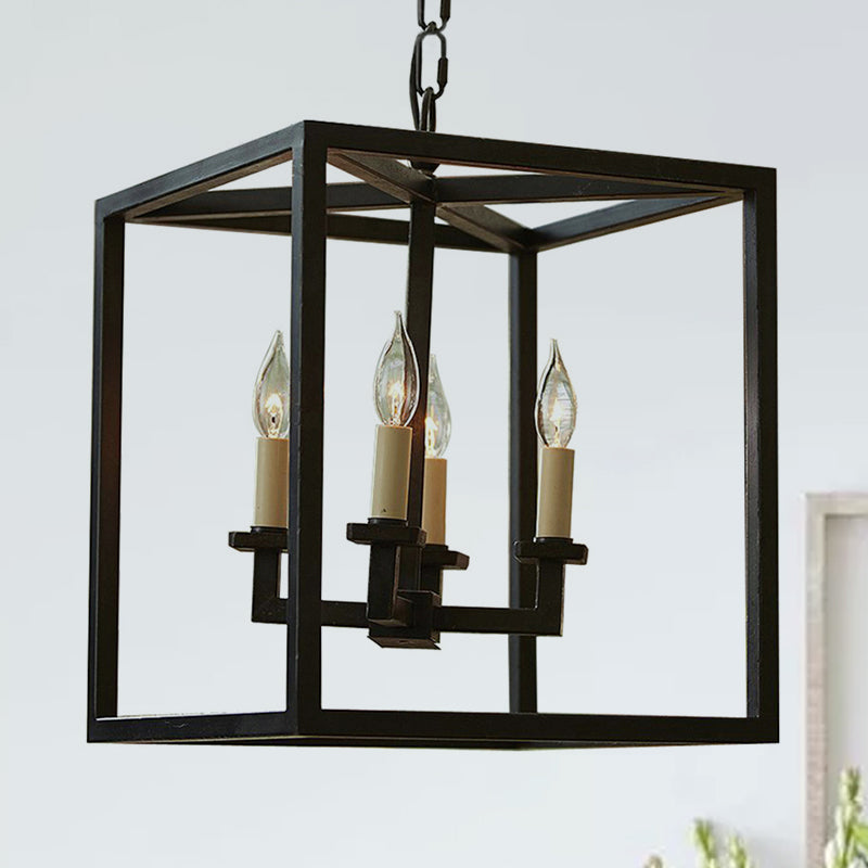 Vintage 4-Light Cubic Chandelier with Cage Shade - Small Black Metal Hanging Lamp for Bathroom Lighting