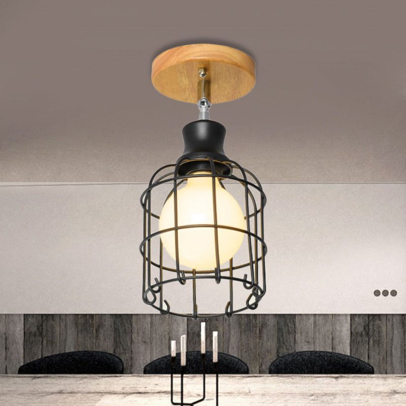 Industrial Loft Ceiling Fixture with Wire Cage and Rotatable Bulb - Black Metallic Semi-Flush Mount for 4