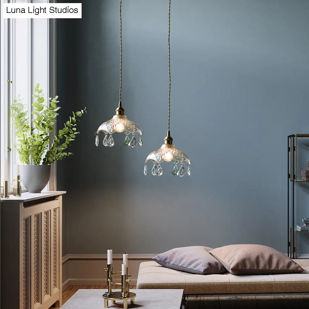 Lampa wisząca z przezroczystego szkła w kształcie kwiatu w stylu vintage z kryształkami w kształcie łezki