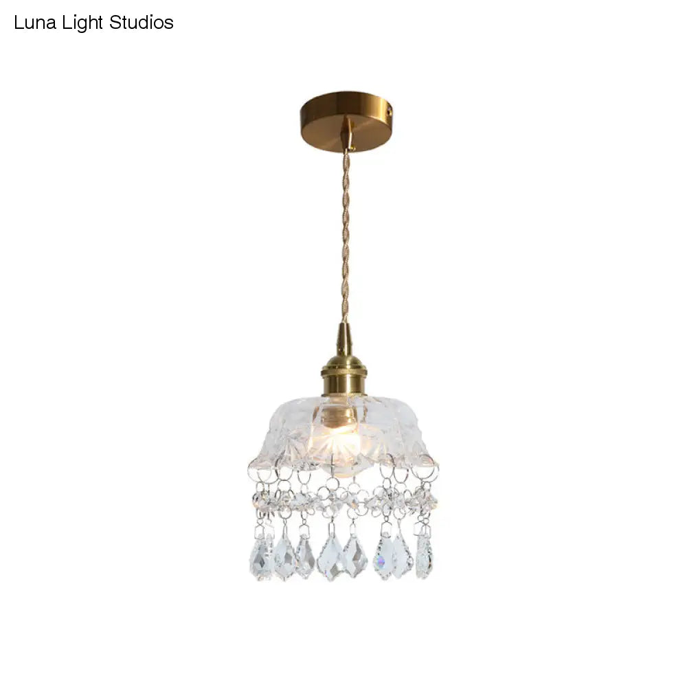 Lampa wisząca z przezroczystego szkła w kształcie kwiatu w stylu vintage z kryształkami w kształcie łezki