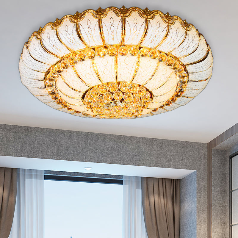 Modern Gold Flush Mount Ceiling Light with K9 Crystal Accents - 10/19-Lights, Glass Shade - 18