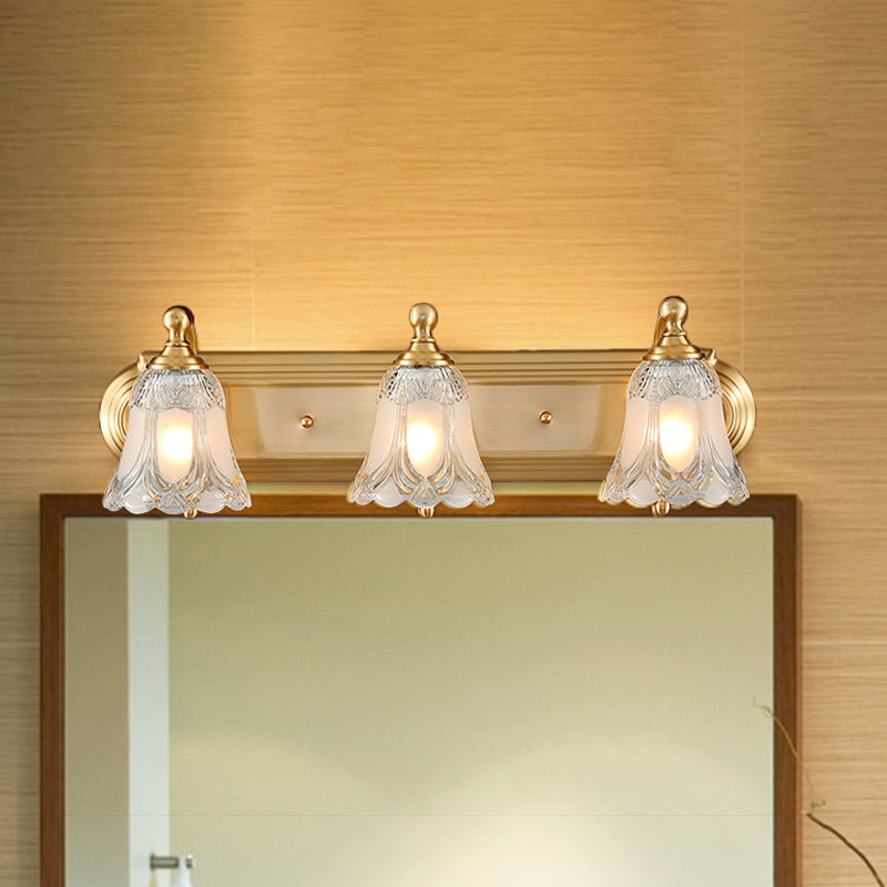 Aplique de tocador estilo vintage con pantalla de vidrio transparente, iluminación de pared dorada para baño - 2/3 opciones de bombilla - 18 pulgadas/24 pulgadas de ancho