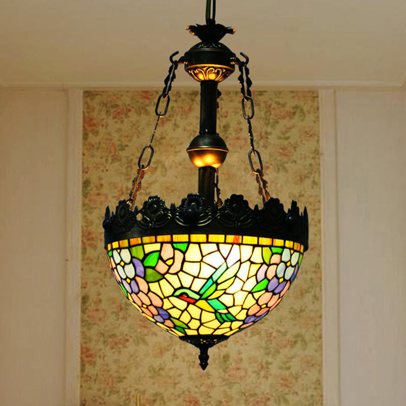 Vintage Brass Floral Chandelier - Tiffany Style Stained Glass - 3 Lights - Ceiling or Hanging Lamp - 12