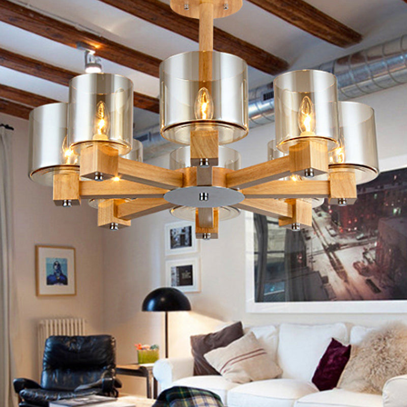 Industrial Wood Cylinder Chandelier with Radial Design - 4/6/8 Lights, Amber Glass Hanging Pendant Lamp