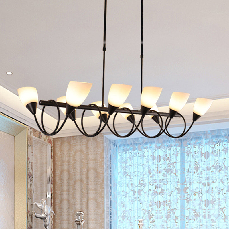 Vintage Black Cup Chandelier Light - 6/8/10 Lights, White Glass, LED Pendant Lamp with Linear Design