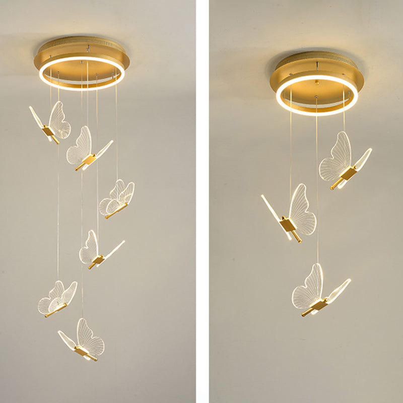 Schmetterlings-Wendeltreppen-Deckenbeleuchtung, Acryl, moderne LED-Mehrlicht-Pendelleuchte in Gold