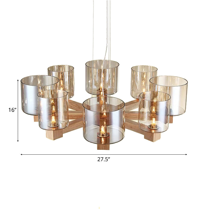 Industrial Wood Cylinder Chandelier with Radial Design - 4/6/8 Lights, Amber Glass Hanging Pendant Lamp