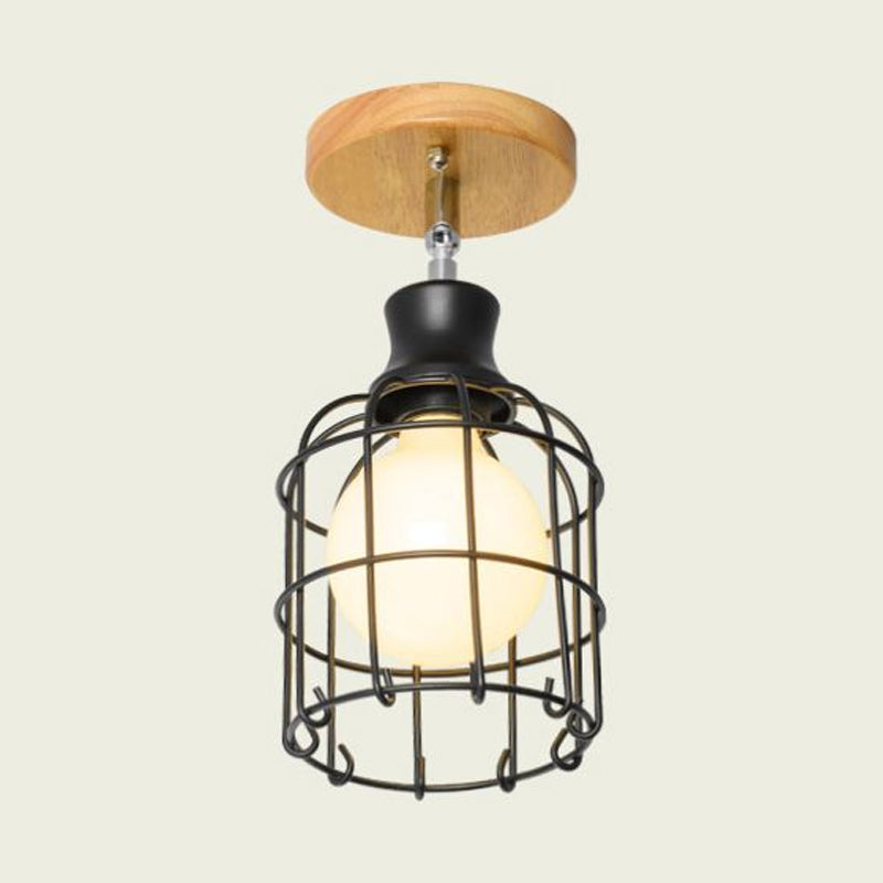 Industrial Loft Ceiling Fixture with Wire Cage and Rotatable Bulb - Black Metallic Semi-Flush Mount for 4