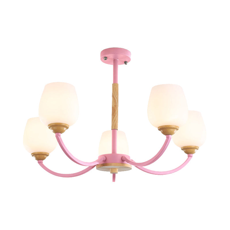 Macaron Loft Bud Shade Chandelier Light - Milk Glass Pendant for Child Bedroom in Green/Grey/Pink/White