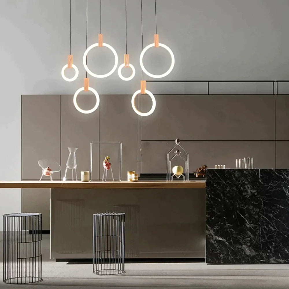 Anillos de acrílico de hierro de madera nórdico LED, lámpara LED DIY, luz LED, luces colgantes, lámpara colgante, luz colgante para vestíbulo de comedor