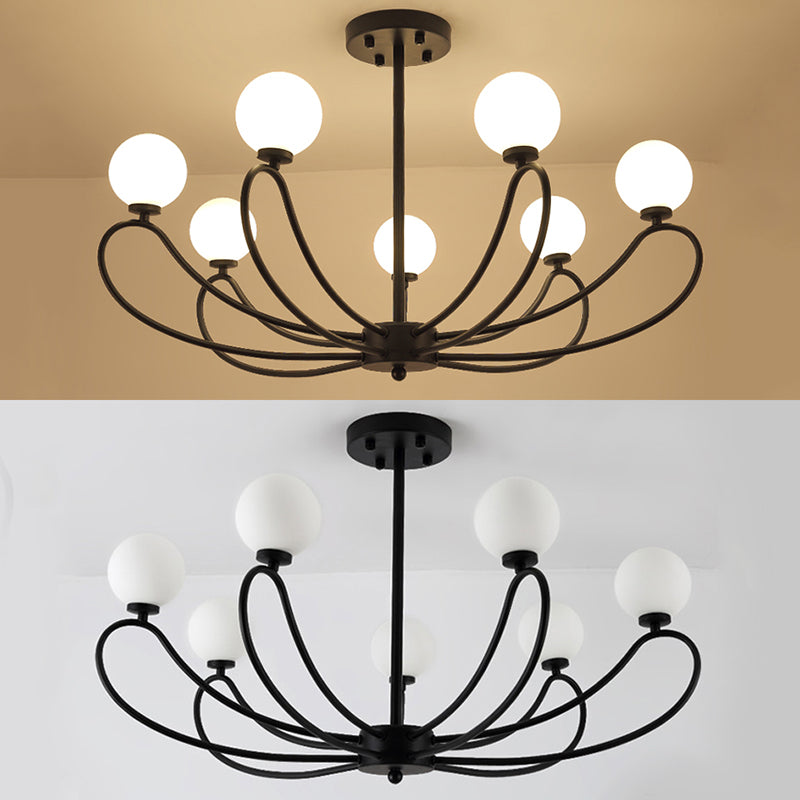 Contemporary Black Curved Arm Chandelier with Orbit Shade - 8 Light Metal Pendant