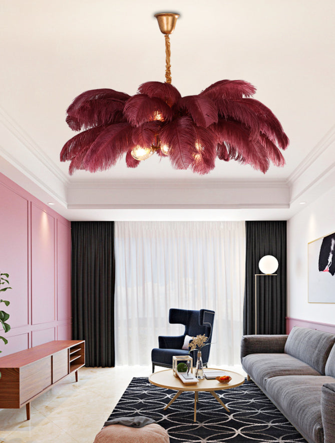Lampadario da soffitto moderno nordico a 5 luci con piume di struzzo per camera da letto