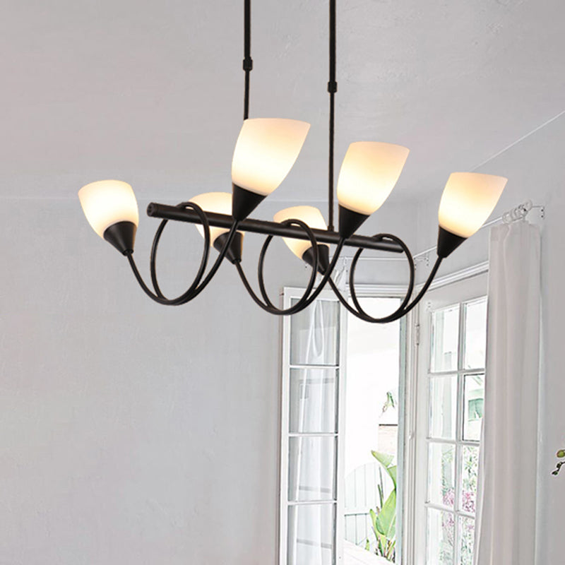 Vintage Black Cup Chandelier Light - 6/8/10 Lights, White Glass, LED Pendant Lamp with Linear Design