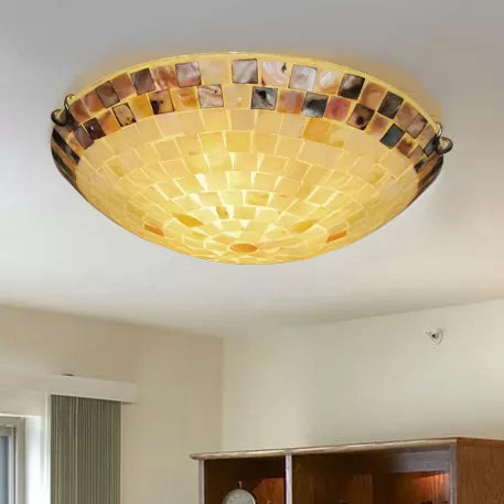 Vintage Mosaic Glass Flush Mount Ceiling Light - Beige Bowl, 1 Bulb, 12