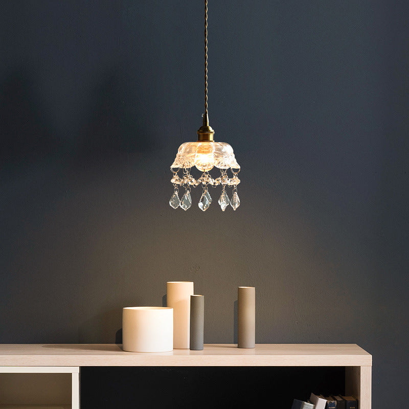 Lampa wisząca z przezroczystego szkła w kształcie kwiatu w stylu vintage z kryształkami w kształcie łezki