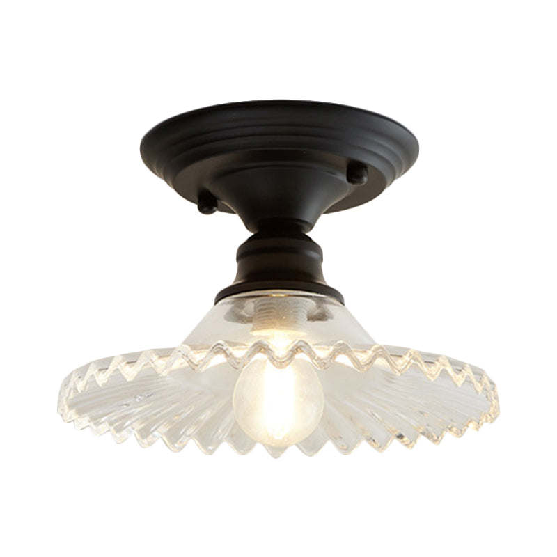 Semi-affleurant industriel festonné – Luminaire à une lumière en verre nervuré transparent/vert pour les espaces intérieurs