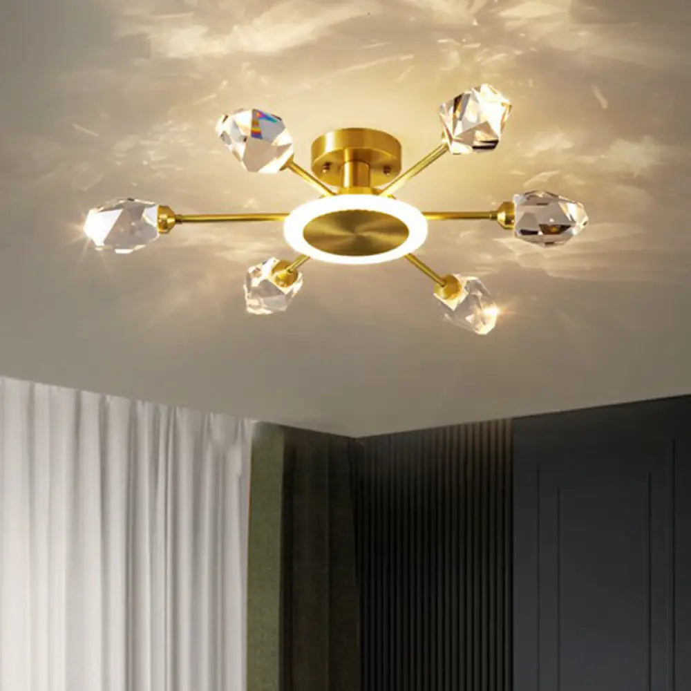 Strahlende Eleganz im Schlafzimmer: Postmoderne goldene LED-Deckenleuchte mit radialem Kristallblock-Design