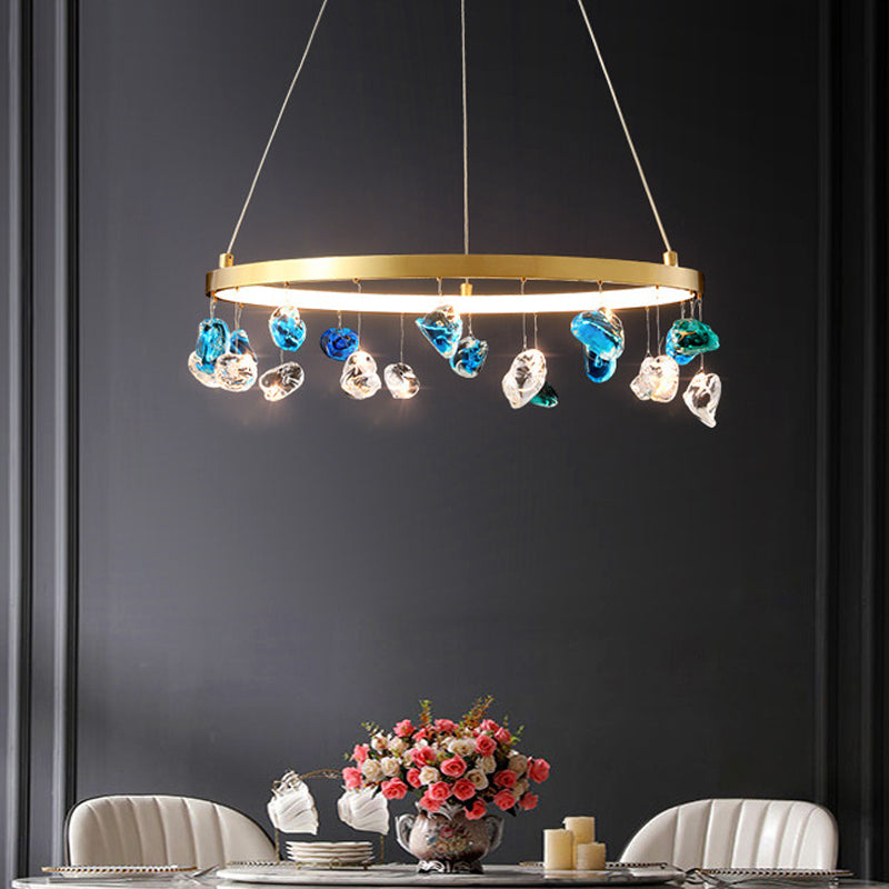 Gold LED Chandelier with Colored Gem Droplet - Mid Century Circle Pendant Lighting, 16