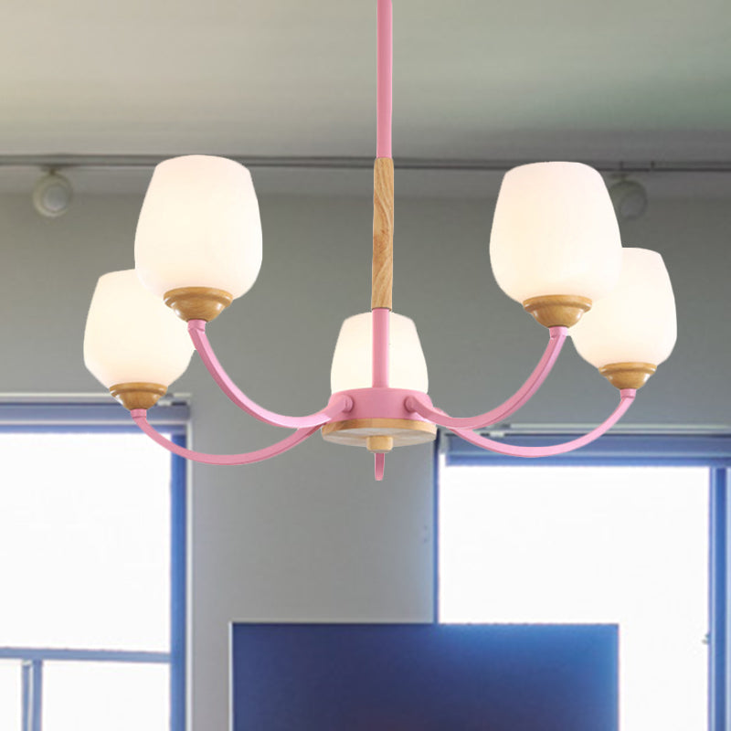 Macaron Loft Bud Shade Chandelier Light - Milk Glass Pendant for Child Bedroom in Green/Grey/Pink/White