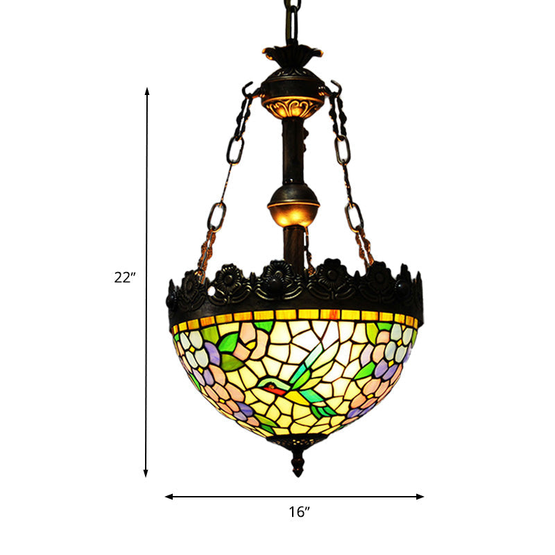 Vintage Brass Floral Chandelier - Tiffany Style Stained Glass - 3 Lights - Ceiling or Hanging Lamp - 12