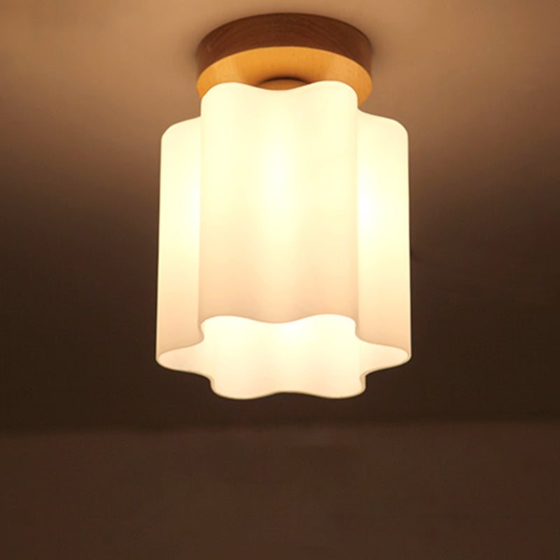 Minimalizm 1-żarówkowa drewniana lampa sufitowa do montażu podtynkowego na korytarz - mleczno-szklana pryzmatyczna lampa sufitowa z motywem kwiatowym