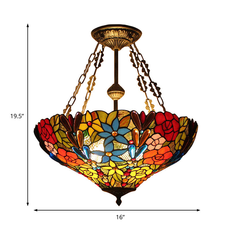 Tiffany Rustic Dragonfly Plafonnier semi-encastré en laiton antique – Éclairage en vitrail de qualité hôtelière
