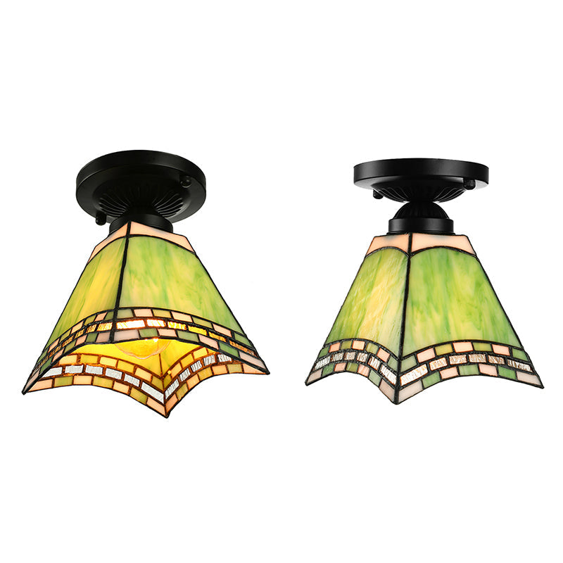Plafonnier en verre d'art de style Tiffany - Luminaire encastré vert à 1 lumière pour bureaux et couloirs