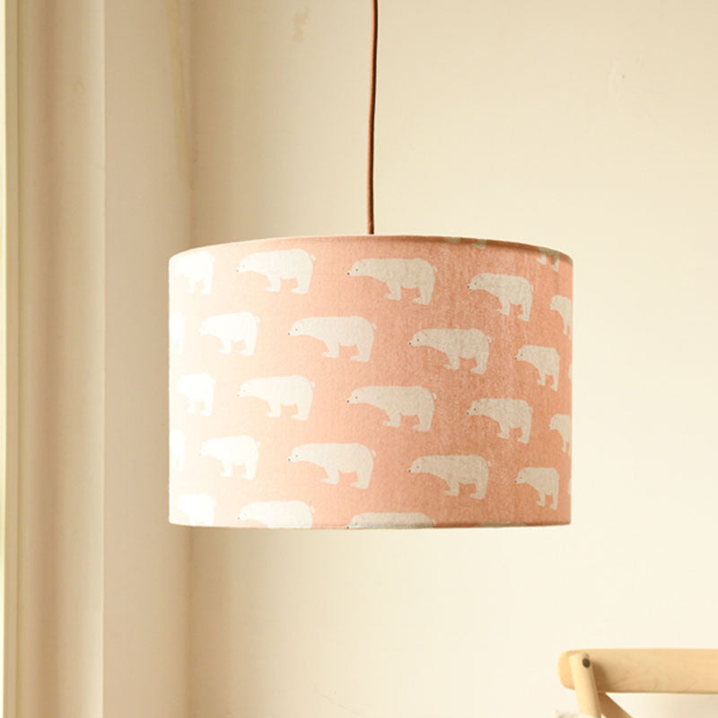 Luminaire suspendu tambour en tissu imprimé nordique – 1 lumière, éclairage à suspension blanc avec motif plume/oiseau/arbre