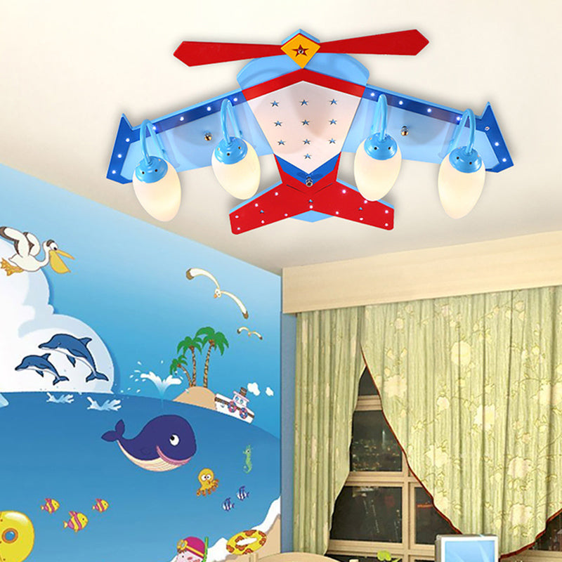Lámpara de techo empotrada en color azul para niños con pantalla de cristal color crema ovalada, lámpara de techo empotrada en forma de plano de madera con acabado de madera