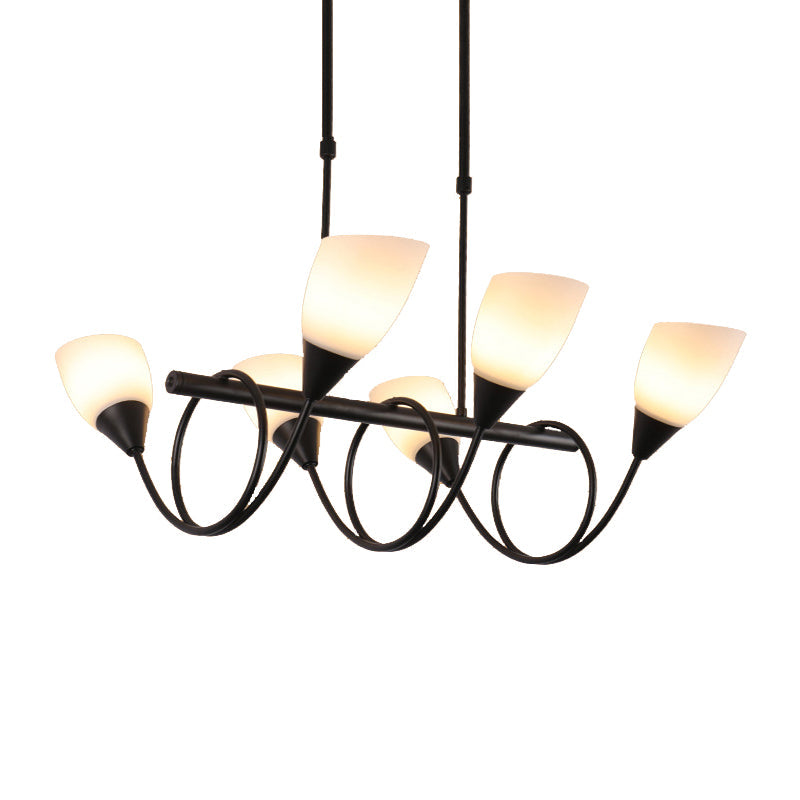 Vintage Black Cup Chandelier Light - 6/8/10 Lights, White Glass, LED Pendant Lamp with Linear Design
