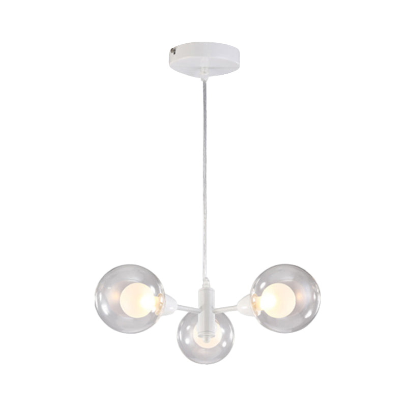 Globe Dining Room Chandelier - Modern LED Hanging Ceiling Light in White - 3/6/9 Clear Glass Lights