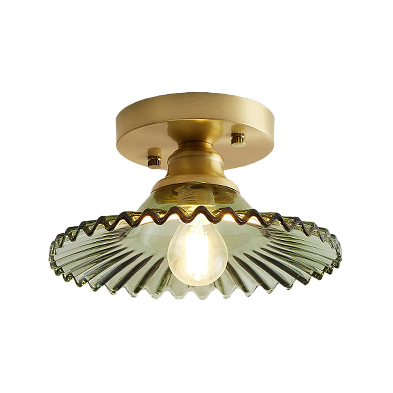 Support de plafond industriel semi-encastré : verre nervuré clair/vert évasé à 1 lumière pour le salon