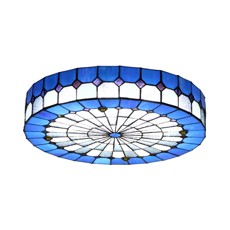 Plafonnier encastré en vitrail rustique bleu - Design rond pour chambre à coucher