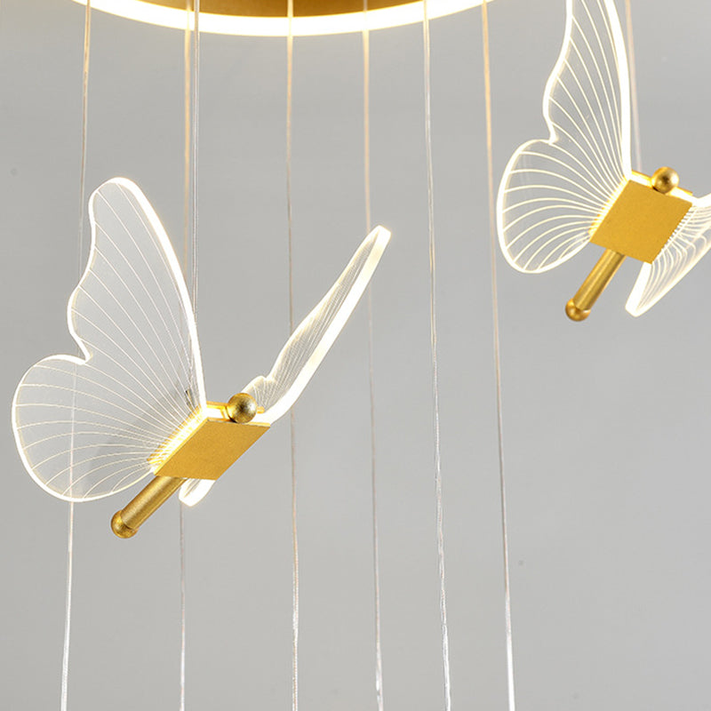 Schmetterlings-Wendeltreppen-Deckenbeleuchtung, Acryl, moderne LED-Mehrlicht-Pendelleuchte in Gold