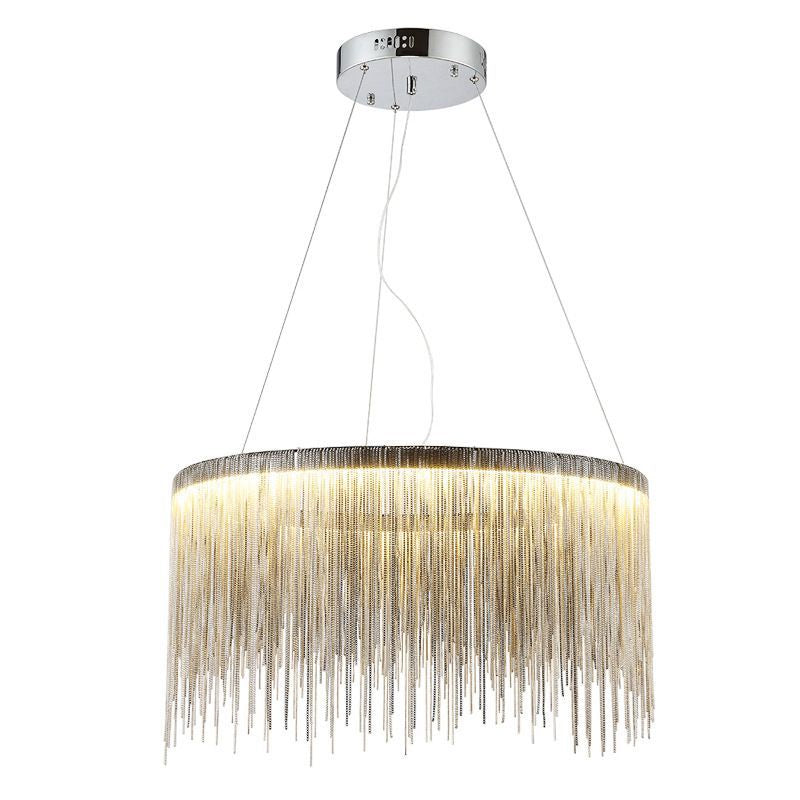 Lampada a sospensione con catena in nappa argento Lampadario da soffitto modernista in metallo di forma rotonda