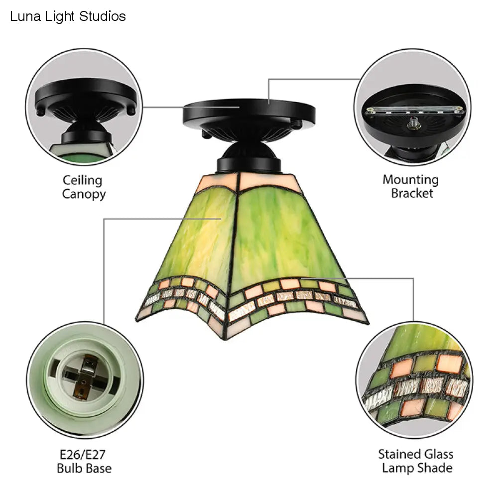 Plafonnier en verre d'art de style Tiffany - Luminaire encastré vert à 1 lumière pour bureaux et couloirs