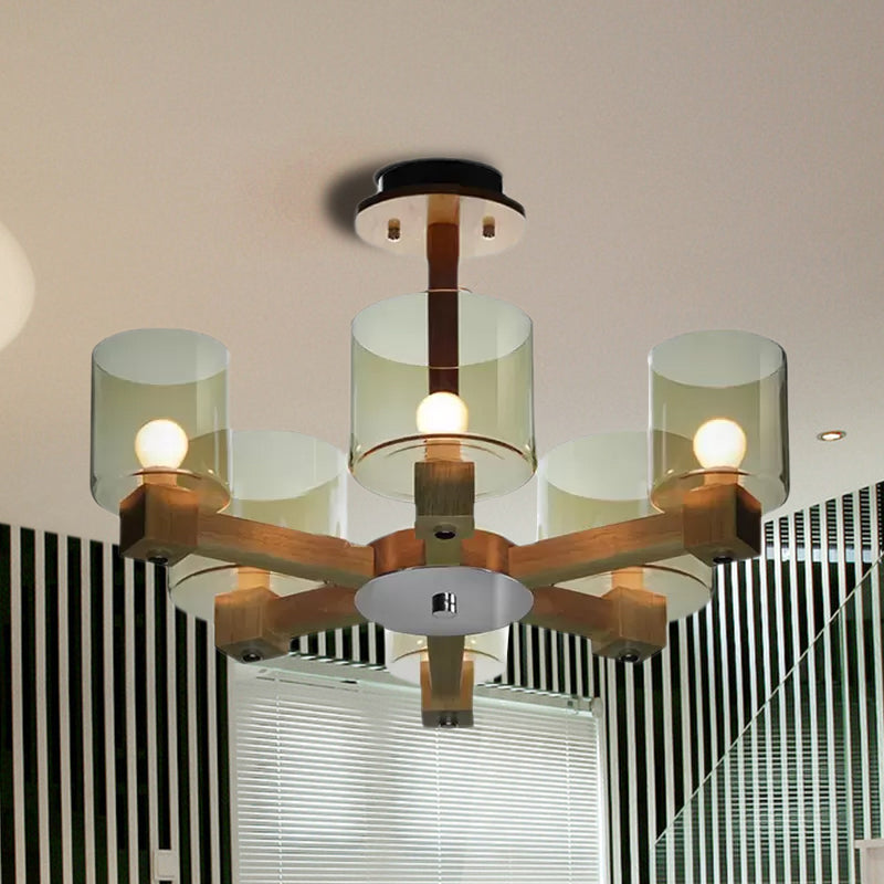 Industrial Wood Cylinder Chandelier with Radial Design - 4/6/8 Lights, Amber Glass Hanging Pendant Lamp
