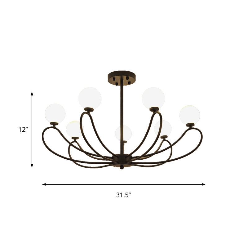 Contemporary Black Curved Arm Chandelier with Orbit Shade - 8 Light Metal Pendant