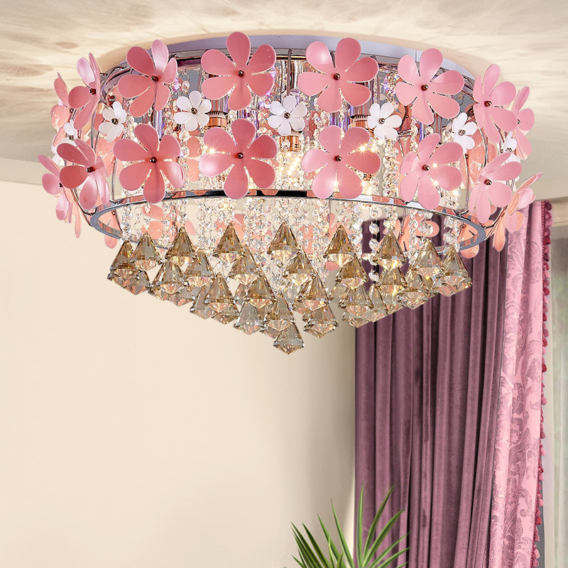 Modern Crystal Drop LED Drum Ceiling Light Fixture with Pink Flower Decoration, 18