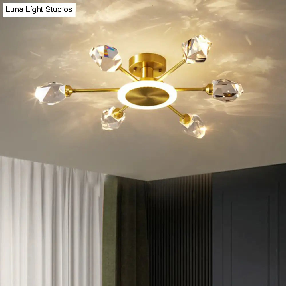 Strahlende Eleganz im Schlafzimmer: Postmoderne goldene LED-Deckenleuchte mit radialem Kristallblock-Design