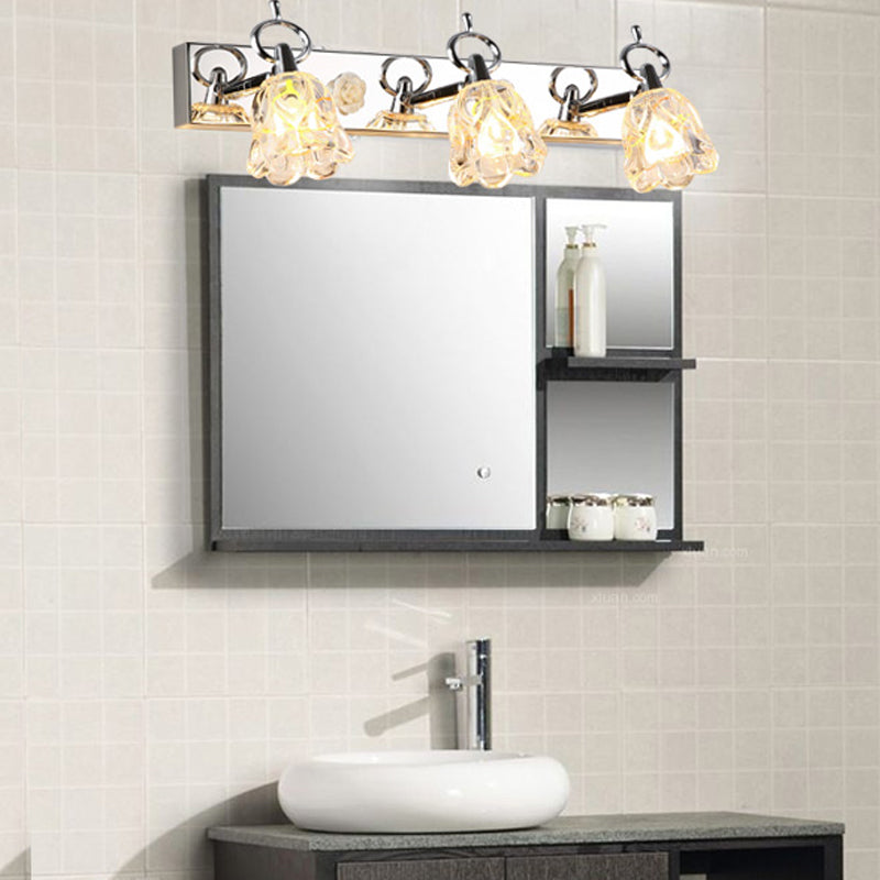 Lámpara de pared para tocador con pantalla de flores moderna, vidrio transparente, acabado plateado, 2/3 luces, ideal para baño, 12
