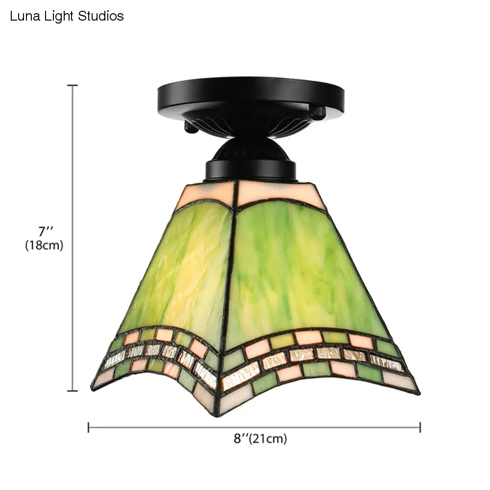 Plafonnier en verre d'art de style Tiffany - Luminaire encastré vert à 1 lumière pour bureaux et couloirs