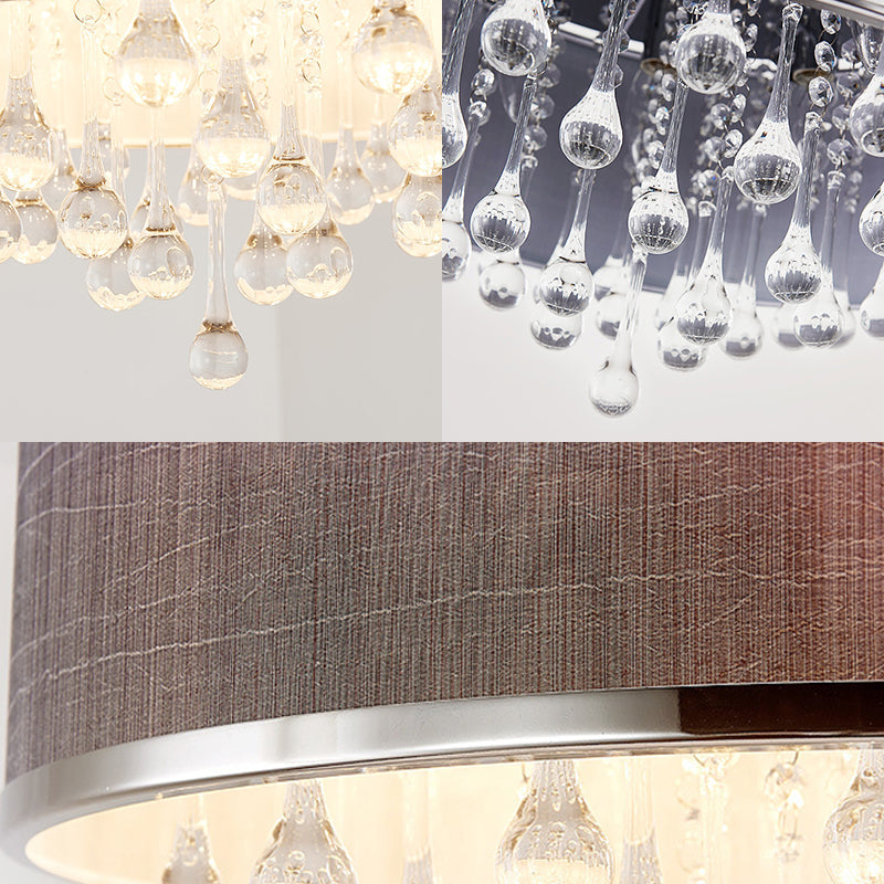 Contemporary Black Drum Flush Pendant Light with Clear Teardrop Crystal Accent - 6/8 Lights, 18