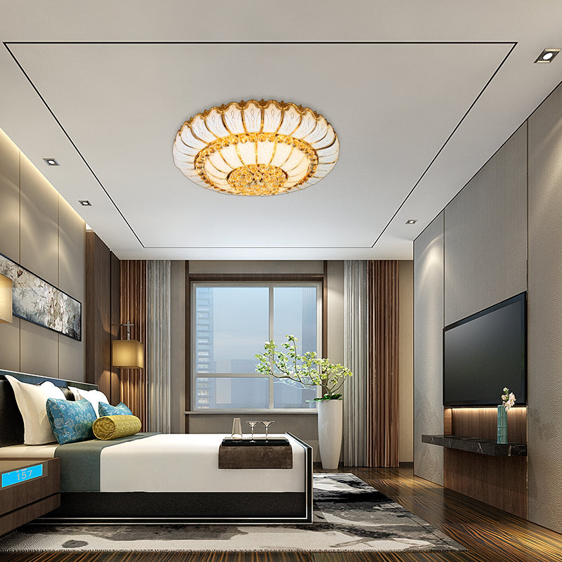 Modern Gold Flush Mount Ceiling Light with K9 Crystal Accents - 10/19-Lights, Glass Shade - 18
