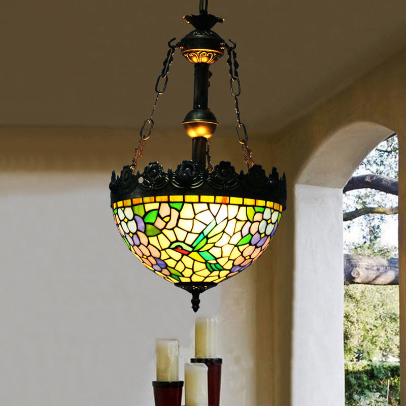 Vintage Brass Floral Chandelier - Tiffany Style Stained Glass - 3 Lights - Ceiling or Hanging Lamp - 12