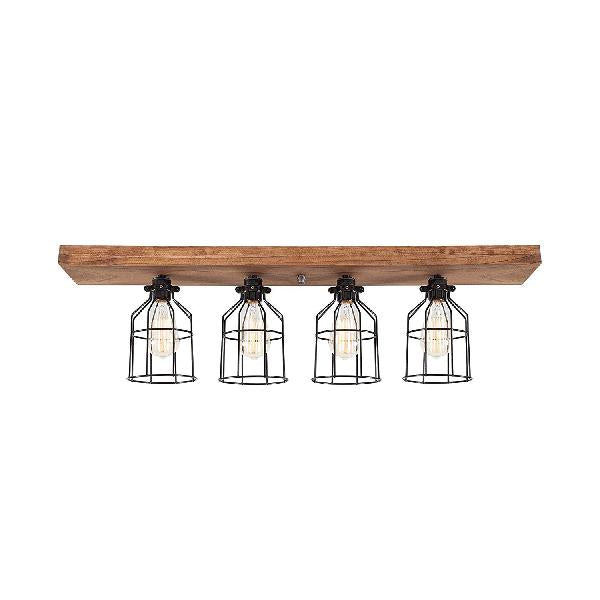 Plafonnier industriel semi-encastré en fer noir avec cage métallique et auvent en bois - 4 ampoules