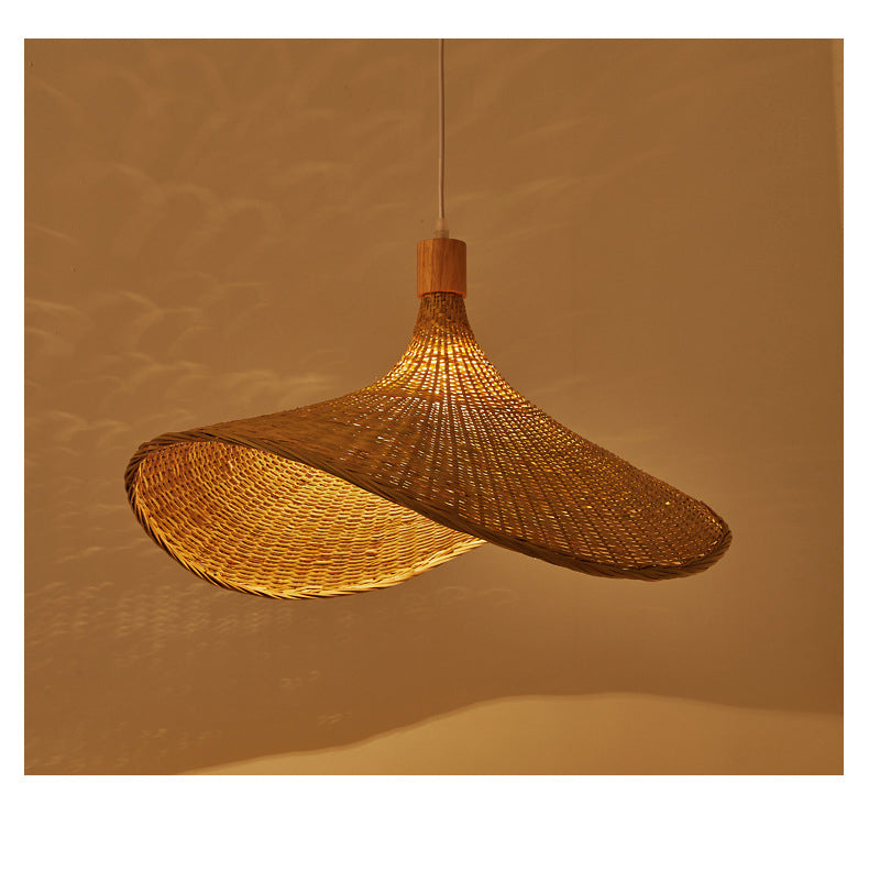 Kit lampada a sospensione a forma di cappello di paglia beige Lampada a sospensione da soffitto in rattan asiatico a 1 luce per tavolo da pranzo