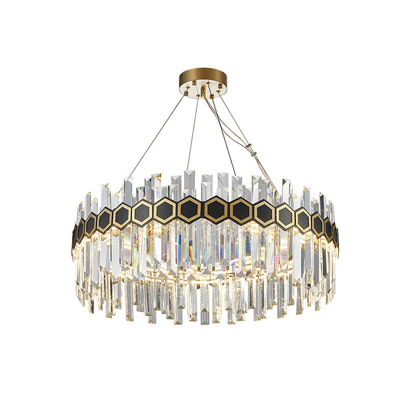 LED Crystal Icicle Chandelier with Mid Century Circle Design & Honeycomb Belt in Black-Gold