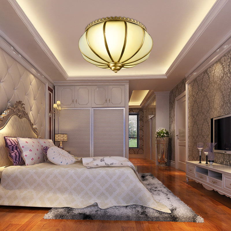 Retro White Glass Sphere Flush Mount Ceiling Light Fixture - 3 Brass Heads, Ideal for Bedroom - 14